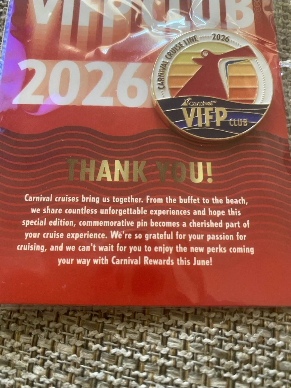Carnival VIP Club 2026 Red & Gold Commemorative Pin